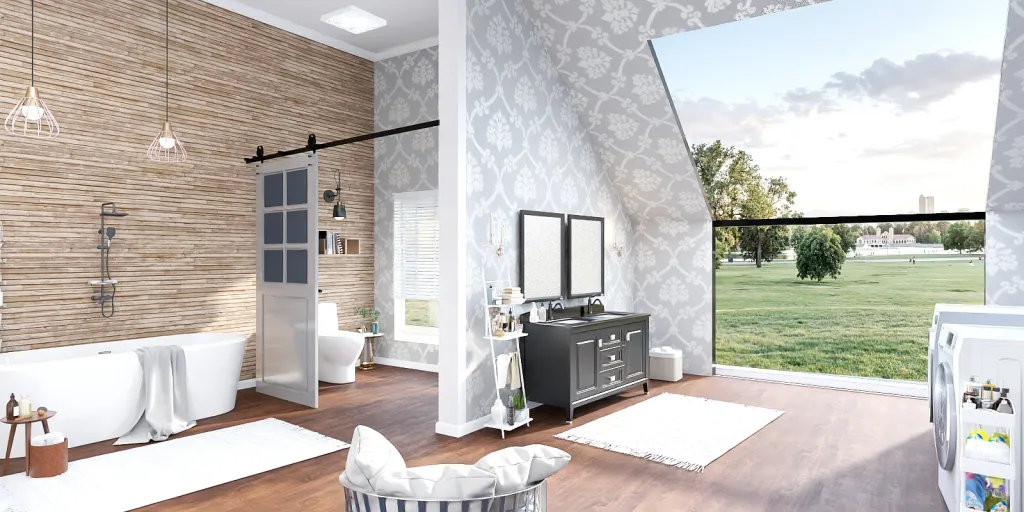 a bathroom with a large tub and a large window 