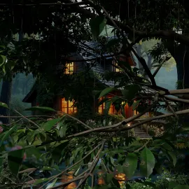 cottage surrounded by lush greenery showcasing a cozy ambiance at twilight with warm lights, enhancing its inviting atmosphere; ideal for exploring rustic interior design ideas using Homestyler's 3D rendering feature.
