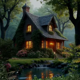 charming cottage surrounded by greenery showcasing a cozy ambiance at twilight, perfect for 3D interior design rendering using Homestyler's real-time rendering feature.