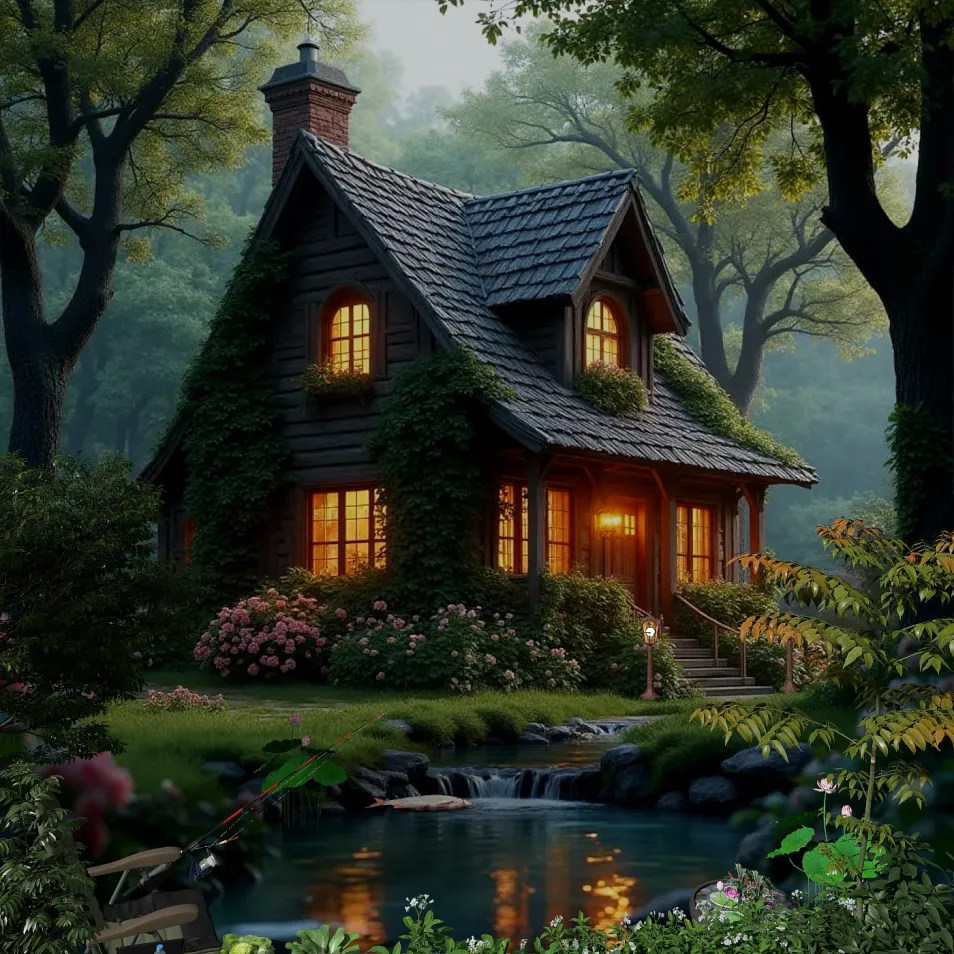 charming cottage surrounded by vibrant greenery, enhancing garden aesthetics, featuring smart furniture arrangement for efficient outdoor living, realized through Homestyler's real-time 3D rendering capability