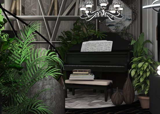 Modern Piano Room Beside of the Stairs Design Rendering