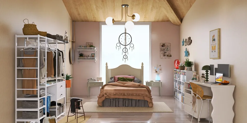 a bedroom with a bed, a desk and a window 