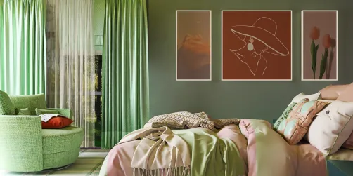 cozy bedroom with green accents featuring relaxed furniture arrangement in a contemporary style, showcasing Homestyler's real-time 3D rendering for instant design previews.