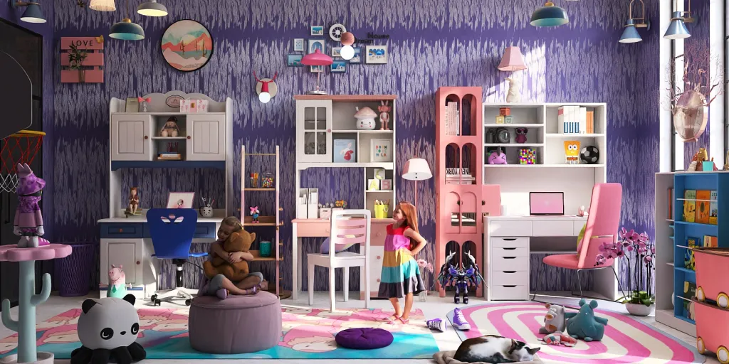 a girl in a pink dress standing in front of a doll house 