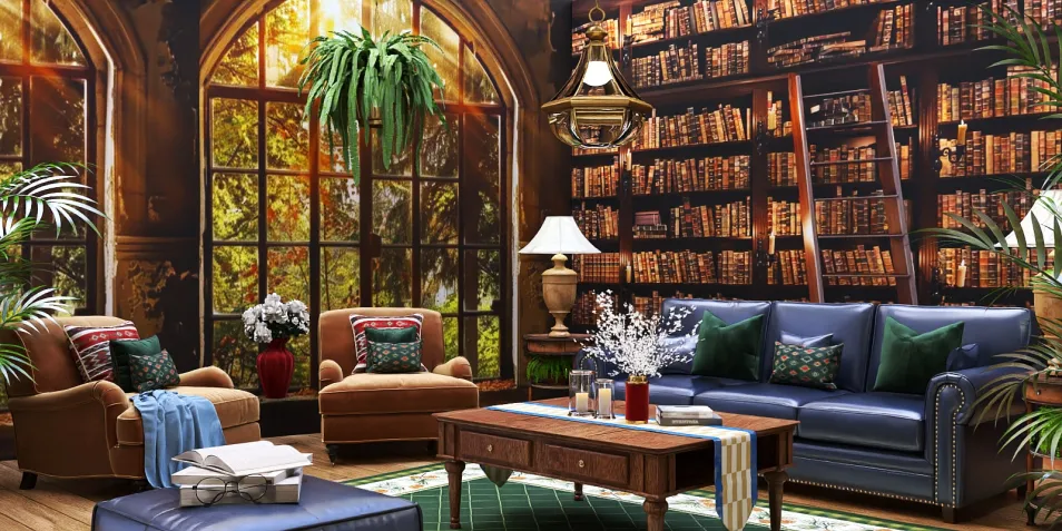 cozy living room with library backdrop showcasing relaxed seating arrangements using smart furniture layout in a classic style, featuring Homestyler's AR virtual furniture placement for accurate interior decor planning.