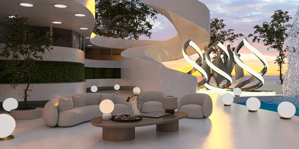 outdoor lounge area featuring modern curved seating and decorative lights enhancing the space, designed with Homestyler's real-time 3D rendering for optimal visualization.