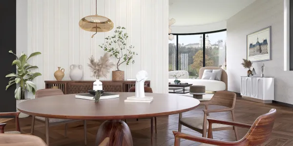 Modern dining area featuring a round wooden table and elegant chairs, showcasing a contemporary design style in an open living space with natural light. Includes Homestyler's real-time 3D rendering for a realistic design preview.