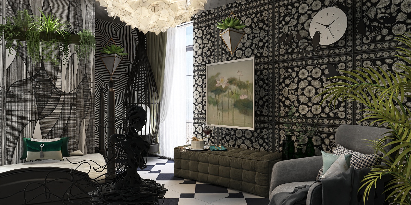 Black and White with touches of green