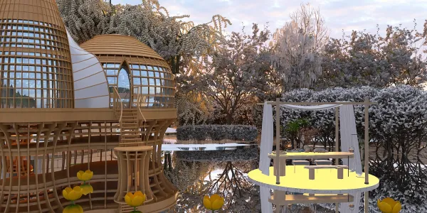 3D garden design showcasing a unique wooden playhouse with swing seating in a serene outdoor setting, emphasizing advanced rendering capabilities with Homestyler for realistic landscape visualization.