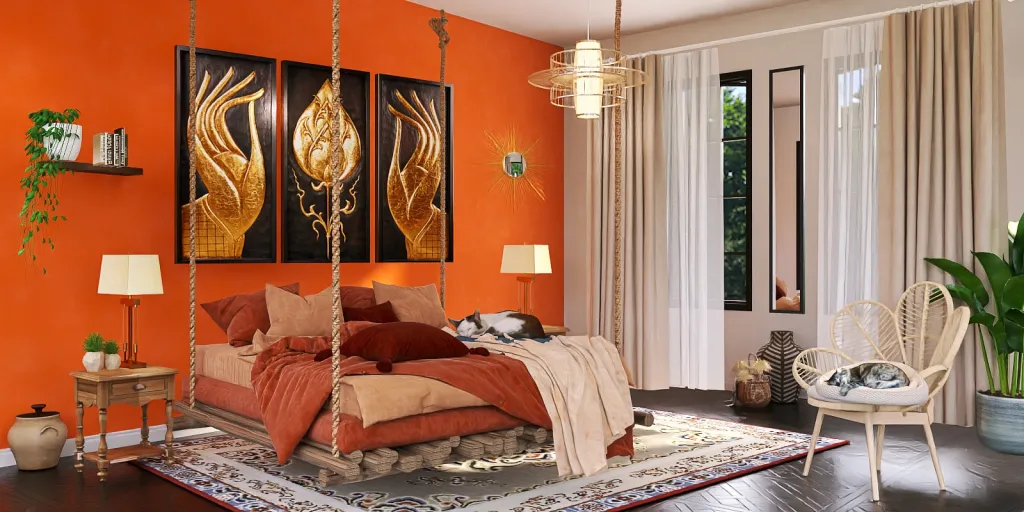 a living room with a large bed and a painting on the wall 