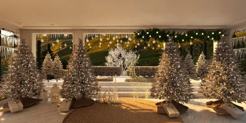 Christmas trees decorated with ornaments and lights, creating a festive atmosphere in an indoor space, showcasing interior decor ideas for holiday celebrations, utilizing Homestyler's real-time 3D rendering feature for a quick design proposal.