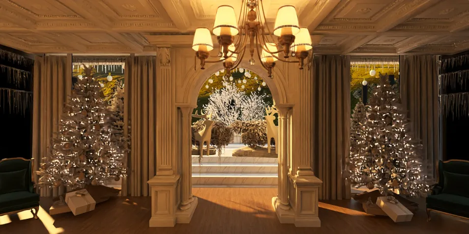 Elegant living room featuring a beautiful archway and Christmas trees, showcasing a festive holiday design style, perfect for creating a warm atmosphere; using Homestyler's real-time 3D rendering to visualize seasonal decor.
