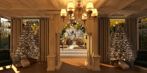 elegant indoor Christmas scene featuring beautifully decorated trees, enhancing festive mood, in a luxurious traditional style living room, showcasing Homestyler's real-time 3D rendering feature.