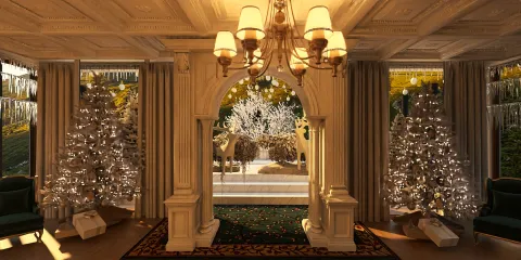 luxurious living room featuring elegant Christmas decorations with two artificial trees, showcasing festive design and style in a cozy holiday setting, utilizing Homestyler's real-time 3D rendering feature for accurate visual previews.