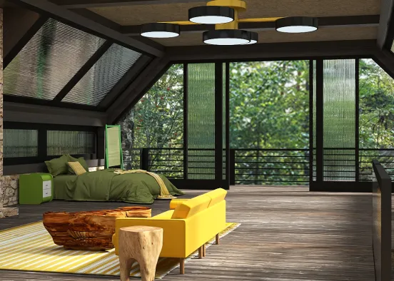 Cute green and yellow cabin in the woods 🍀🍁 Design Rendering