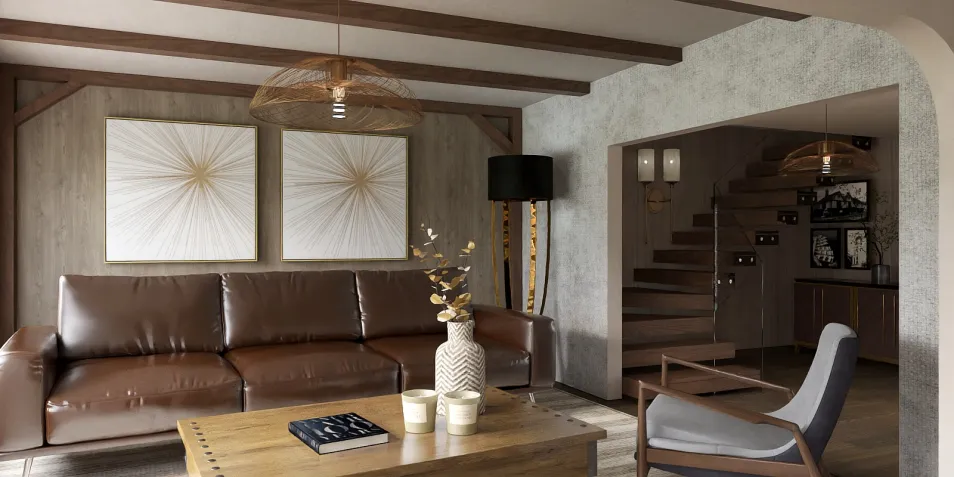 Modern living room with brown leather sofa and wooden coffee table, featuring stylish art pieces on the wall, designed with minimalist decor for a cozy atmosphere, utilizing Homestyler's real-time 3D rendering for visualizing design changes.
