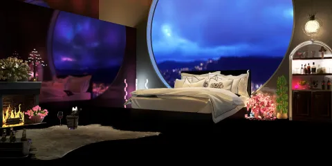 modern bedroom design featuring a round window view, showcasing a cozy atmosphere with floral decorations and ambient lighting, utilizing Homestyler's real-time 3D rendering for a realistic interior preview.