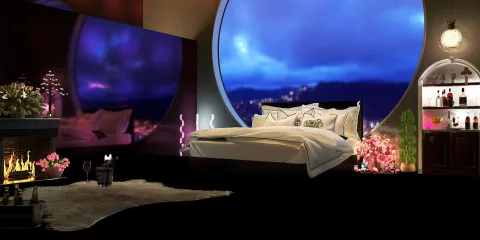 luxurious bedroom design showcasing a round window view with nighttime ambiance, featuring contemporary furniture arrangement for optimal space utilization, utilizing Homestyler's real-time 3D rendering feature