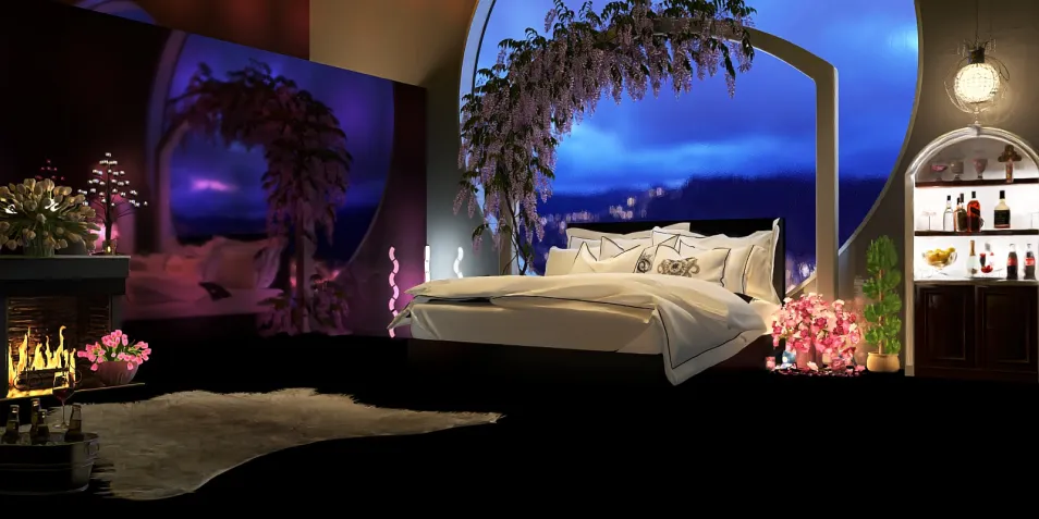 luxurious bedroom design featuring a modern bed arrangement with floral decor, showcasing an elegant aesthetic, highlighting interior decor through Homestyler's real-time 3D rendering.