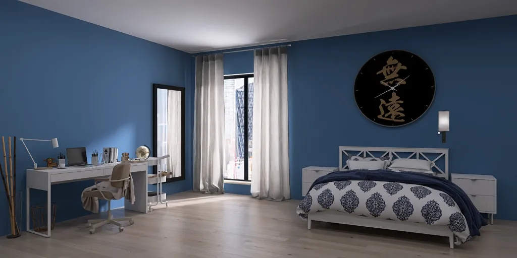 a bedroom with a large bed and a clock 