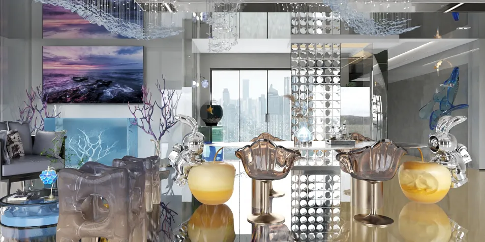 modern dining area featuring stylish chairs and artistic decor, showcasing an ocean-inspired theme with a spacious layout, highlighting Homestyler's real-time 3D rendering capabilities.