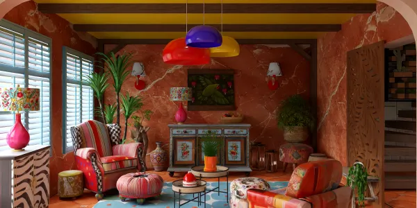 colorful living room with contemporary furniture arrangement, vibrant bohemian style, showcasing interior decor optimization with Homestyler's smart furniture layout feature