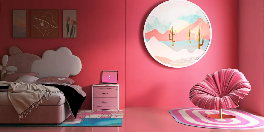 a pink and white room with a pink wall and a pink chair 