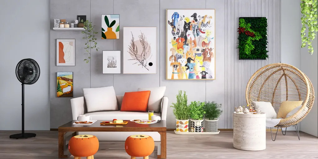 a living room with a painting on the wall 