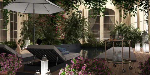 outdoor lounge area with sunbeds and a coffee table, showcasing a tropical garden design, ideal for outdoor relaxation, featuring Homestyler's real-time 3D rendering capability.