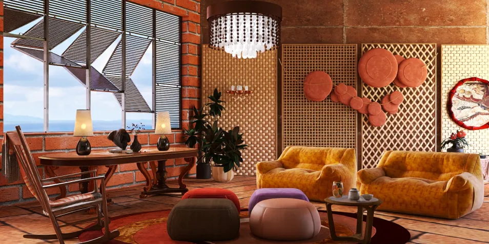 Cozy living room featuring a vibrant seating arrangement with armchairs and a coffee table, designed in a modern rustic style, showcasing interior decor ideas; utilizing Homestyler's real-time 3D rendering feature for quick design previews.