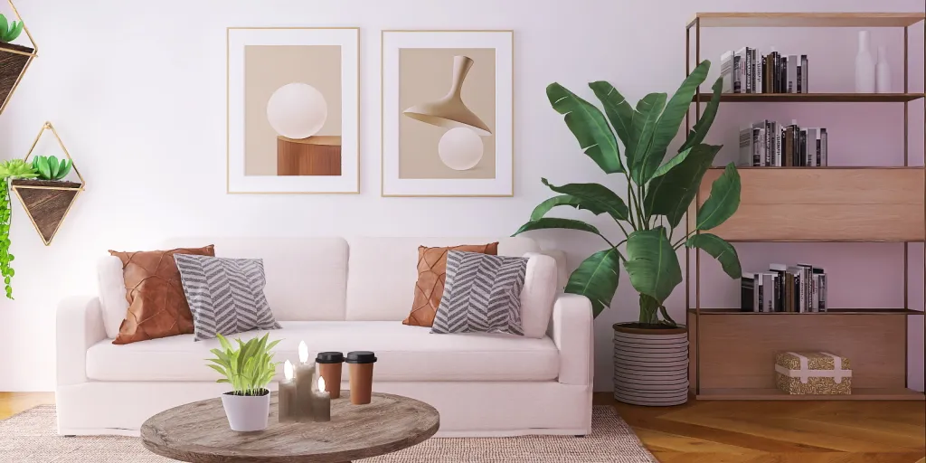 a living room with a couch, coffee table and a plant 