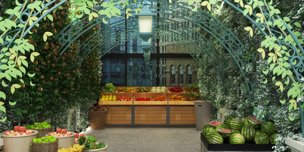 a fruit stand with fruit and vegetables in front of a building 