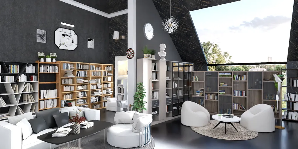 a living room with a lot of books on the shelves 
