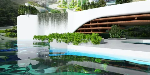 modern architectural design with water features and greenery creating a tranquil outdoor space, showcasing a serene atmosphere and enhancing landscape aesthetics, utilizing Homestyler's real-time 3D rendering for effective visual presentation.