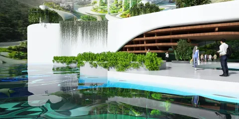futuristic architectural design showcasing a modern building with integrated greenery and water features in a serene environment, emphasizing interior decoration with landscape elements, utilizing Homestyler's real-time 3D rendering feature.