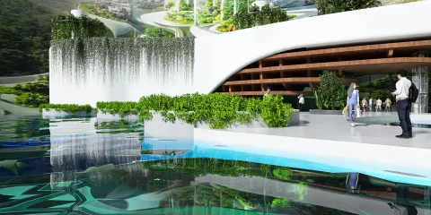 modern architecture design showcasing a sustainable building with lush greenery and water features, emphasizing eco-friendly design principles while utilizing Homestyler's real-time 3D rendering for detailed visualization.