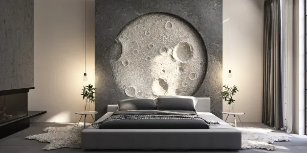 modern bedroom featuring a unique textured wall design incorporating lunar patterns, designed using Homestyler's real-time 3D rendering feature for a stunning interior decor preview.