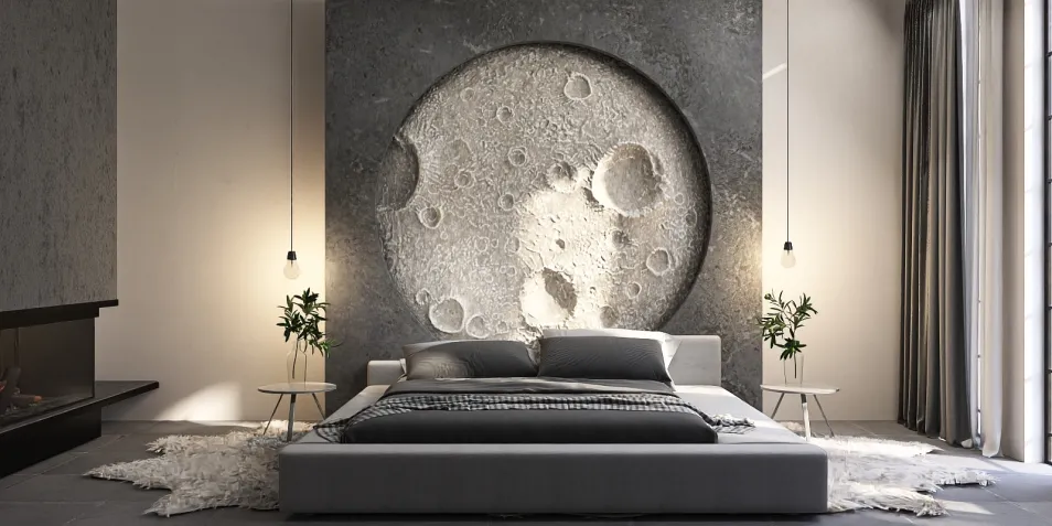 modern bedroom featuring a unique textured wall design incorporating lunar patterns, designed using Homestyler's real-time 3D rendering feature for a stunning interior decor preview.