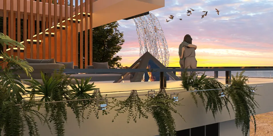 modern outdoor terrace design with a couple enjoying the sunset, featuring smart furniture arrangement, and utilizing Homestyler's real-time 3D rendering for an immersive experience