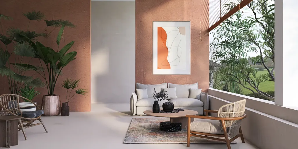 a living room with a couch, table and a painting 