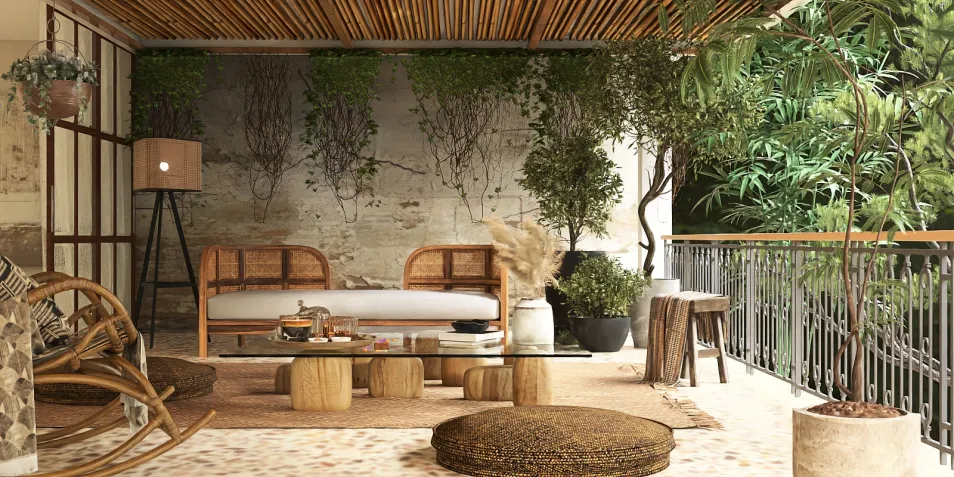 cozy terrace with modern furniture arrangement showcasing natural elements in a bohemian style, highlighting the use of Homestyler's real-time 3D rendering for efficient design visualization.