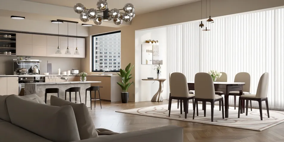 Modern kitchen and dining area featuring a sleek design and open layout, showcasing interior decor with a focus on space optimization using Homestyler's smart furniture arrangement.