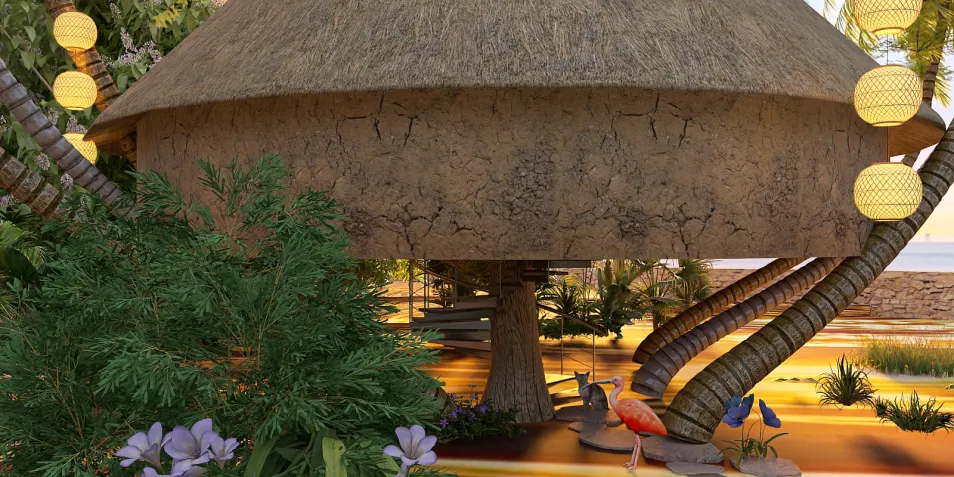 tropical outdoor structure surrounded by lush greenery featuring traditional thatch roof, integrated with nature, and showcasing Homestyler's real-time 3D rendering for immersive architectural visualization.