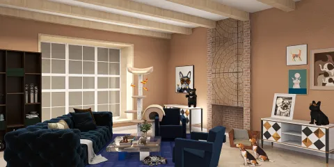 A cozy living room featuring a blue tufted sofa and armchairs, showcasing a blend of modern and rustic design elements, perfect for pet-friendly interior decor. Utilizing Homestyler's real-time 3D rendering for an accurate design proposal.