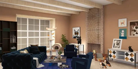 Cozy living room with plush blue sofa and stylish armchairs, featuring a modern design and warm color palette, highlighting Homestyler's real-time 3D rendering capabilities.