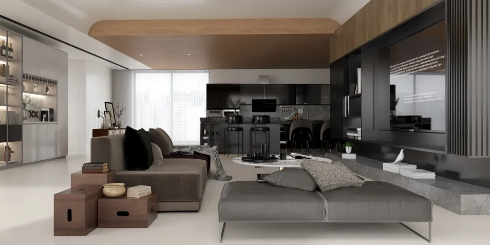 modern living room with sleek furniture arrangement showcasing minimalistic design and cozy atmosphere, featuring Homestyler's real-time 3D rendering for visualizing interior spaces