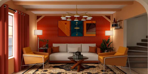 modern living room with bright orange accent wall showcasing vibrant artwork, featuring a stylish sofa and two mid-century armchairs, optimized for interior design with Homestyler's real-time 3D rendering functionality.