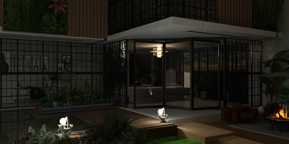 Modern outdoor living space featuring a glass-wall design, creating a seamless blend with nature, highlighting the beauty of the garden area, utilizing Homestyler's real-time 3D rendering for design visualization.