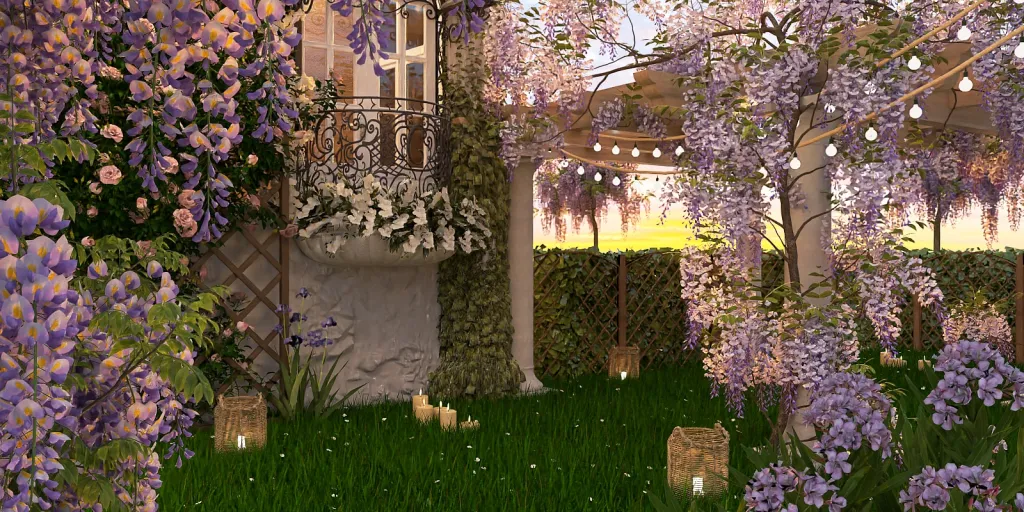 a garden with flowers and a clock on the wall 