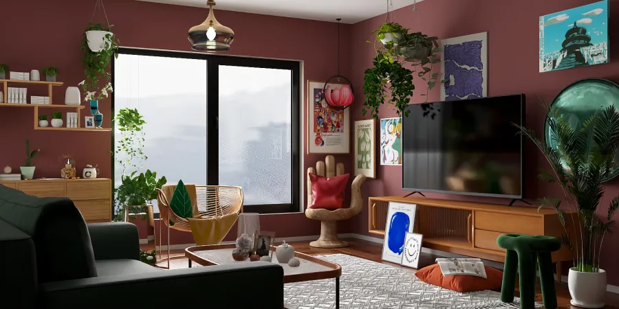 a living room with a couch, tv, and a window 